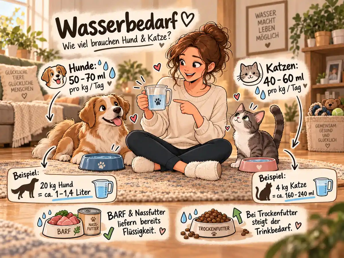 Infografik Wasserbedarf: Hunde brauchen etwa 50–70 ml, Katzen etwa 40–60 ml Wasser pro Kilogramm Körpergewicht am Tag