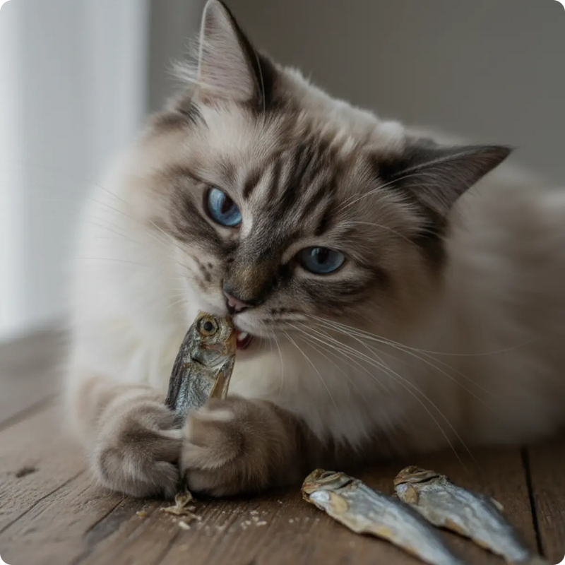 Eine weiße Ragdoll Katze die Katzensnacks von Royal Diamonds isst.