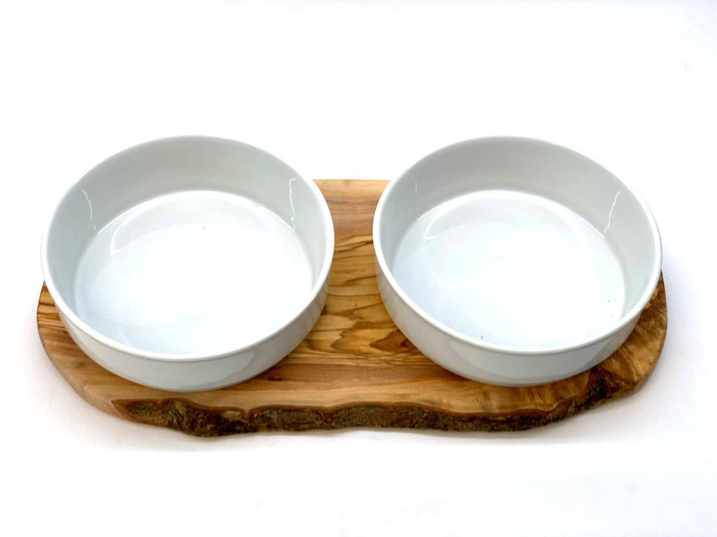 olivenholz-erleben - Futterstation RUSTY 2x 0,9 l Porzellanschale Futter + Wasser