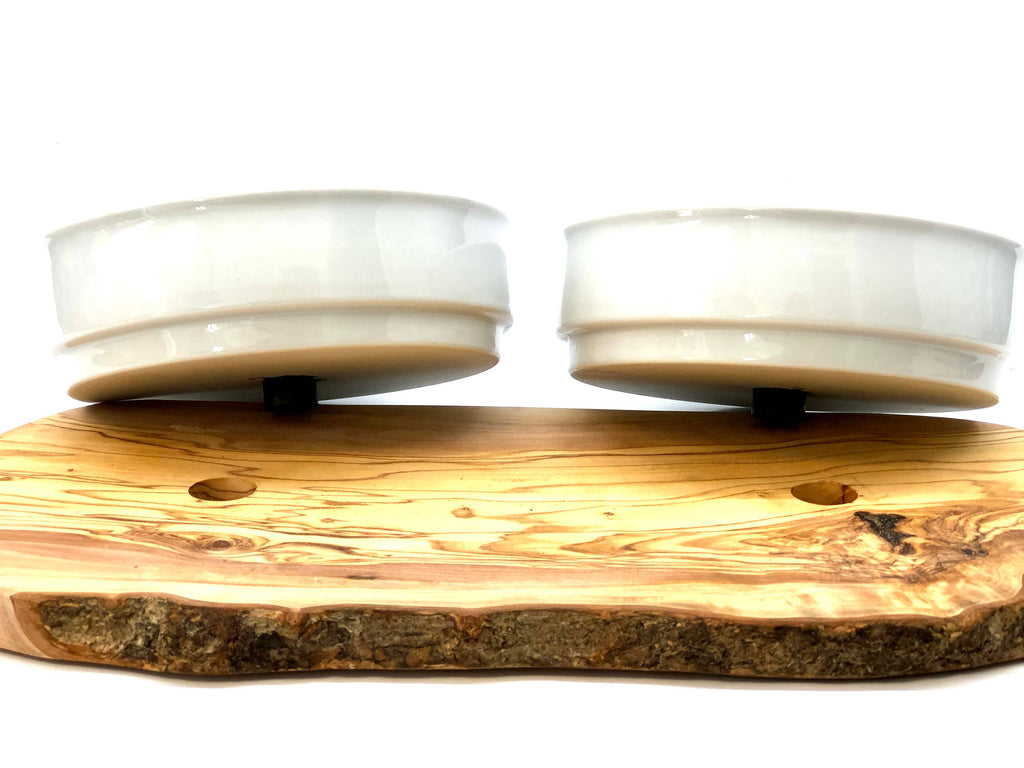 olivenholz-erleben - Futterstation RUSTY 2x 0,9 l Porzellanschale Futter + Wasser