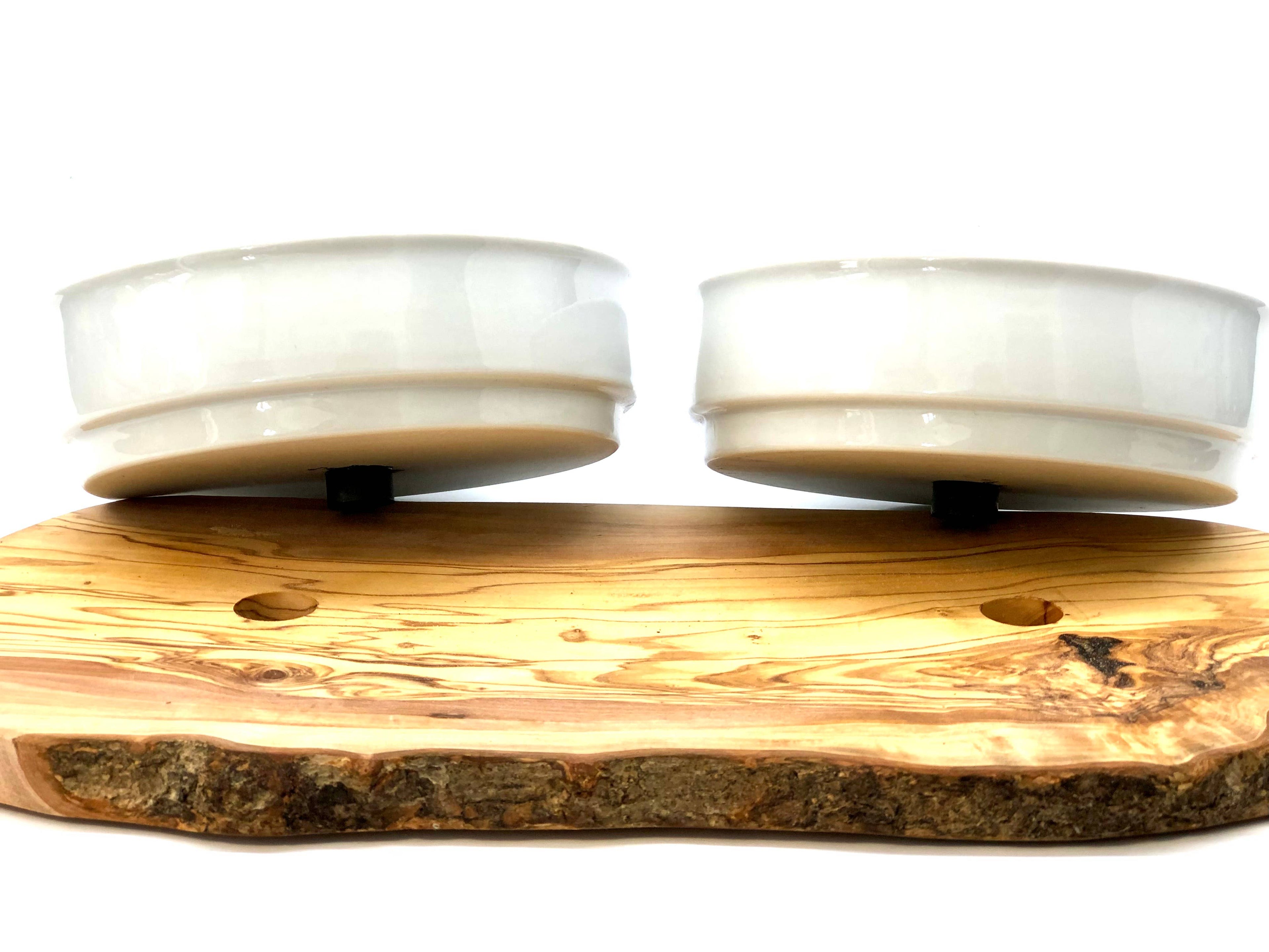 olivenholz-erleben - Futterstation RUSTY 2x 0,9 l Porzellanschale Futter + Wasser