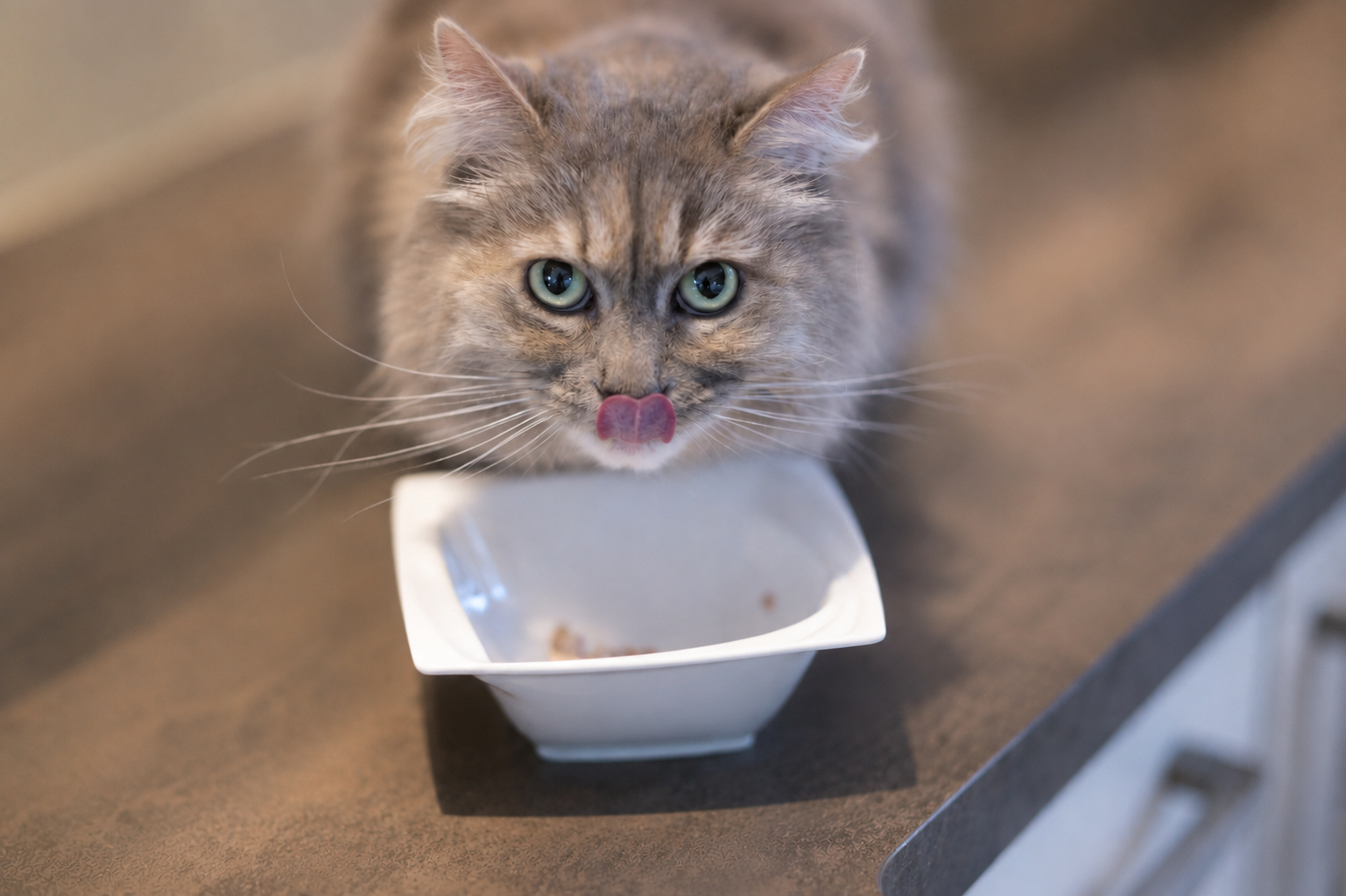 Katze schleckt genüsslich das Nassfutter von Dibaq Sense aus ihrem Napf