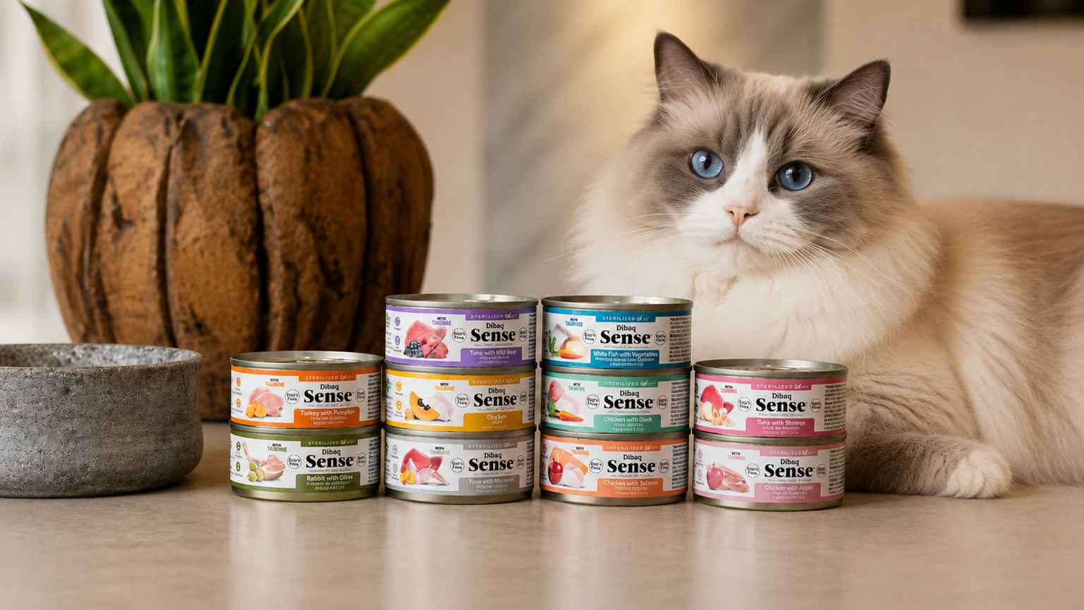 Hier sind alle Nassfutter Sorten von Dibaq Sense aufgestapelt und eine Ragdoll Katze liegt im Hintergrund.