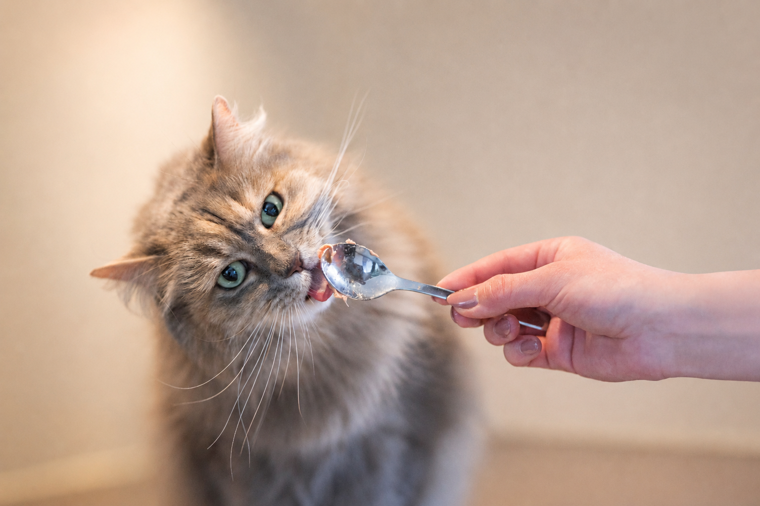 Katze leckt ihren Löffel ab mit den Resten von Dibaq Sense Nassfutter daran.
