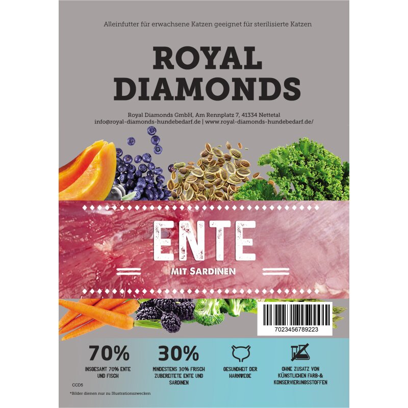 Royal Diamonds Katzen Trockenfutter für sterilisierte erwachsene Katzen Ente mit Sardinen 70% Ente & Fisch 5 kg