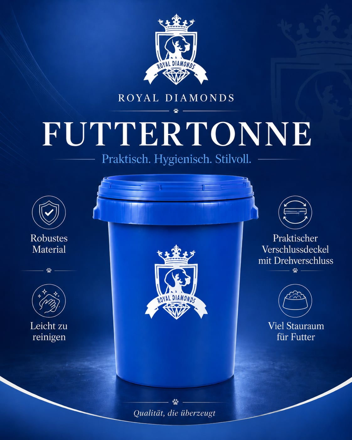 Blauer Kuunststoffbehälter mit Drehverschluss und Royal Diamonds Logo in der Mitte. 