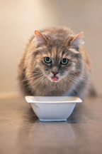 Katze frisst aus ihrem Napf das hochwertige Futter von Dibaq Sense und macht dabei Zungenspiele
