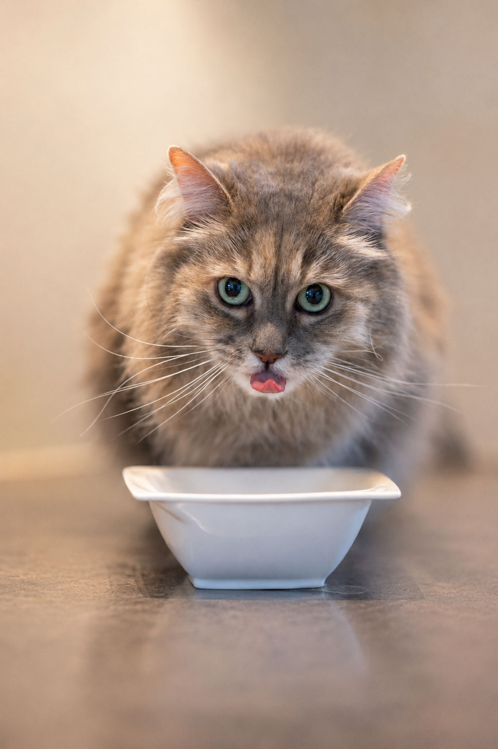 Katze frisst aus ihrem Napf das hochwertige Futter von Dibaq Sense und macht dabei Zungenspiele