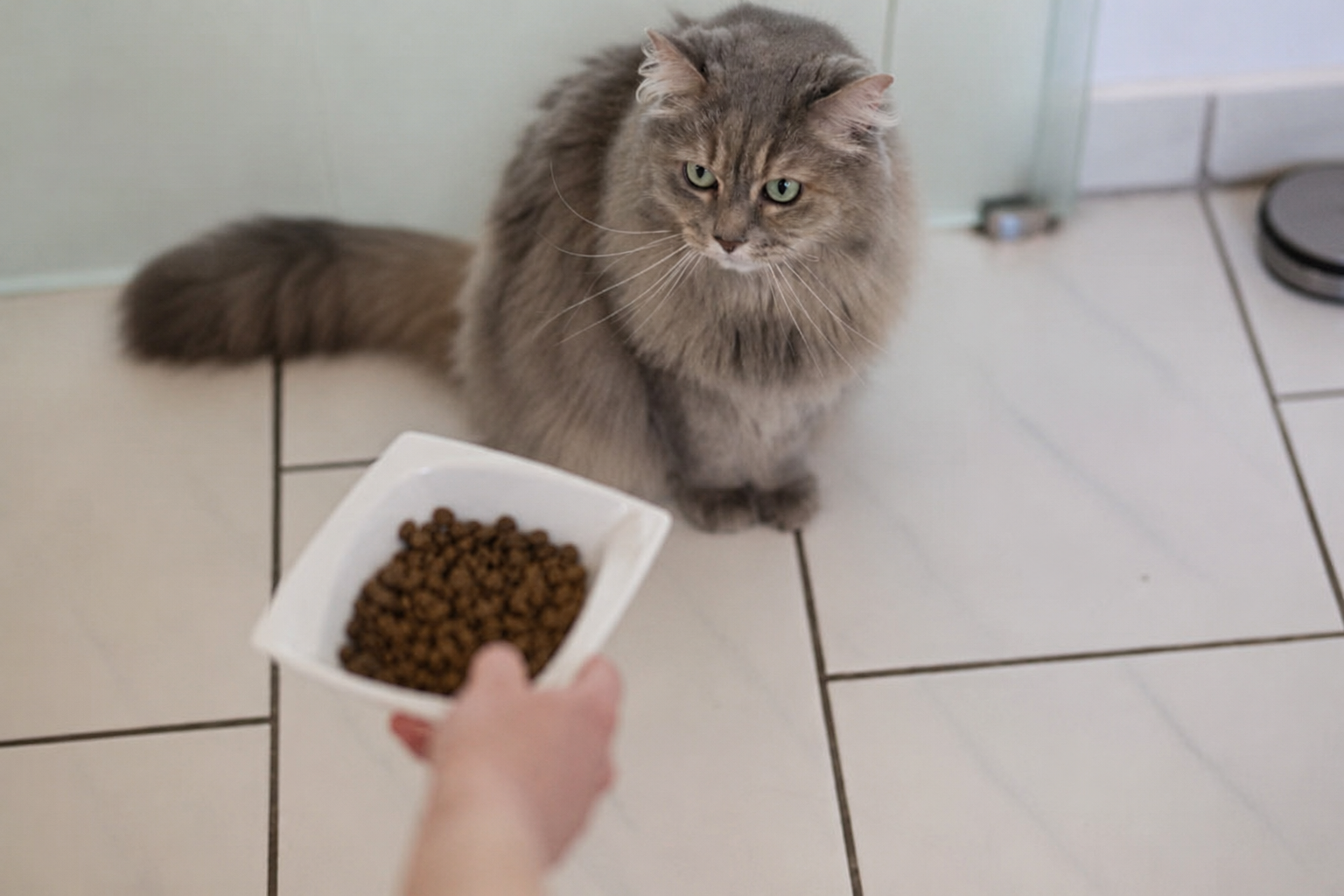 Trockenfutter wird der Katze im Napf angeboten und sie wartet geduldig