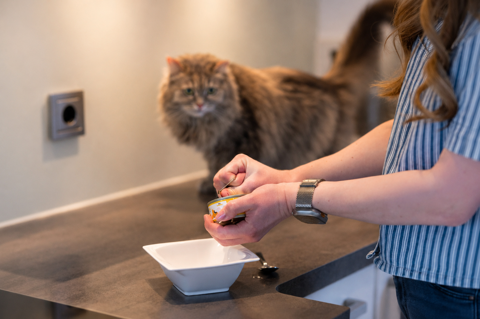 Die Katze wartet im Hintergurnd und ihre Besitzerin richtet ihr das Essen mit Dibaq Sense Huhn pur an.