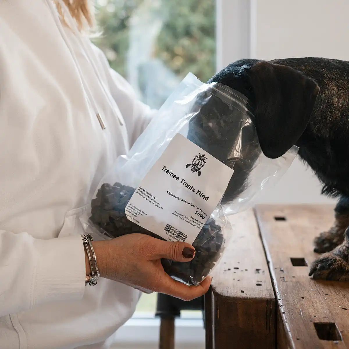 Dackel sitzt auf einem Tisch und wird mit den Trainee Treats gefüttert und man sieht die Packung und der Hund nimmt eigenständig seinen Kopf dort rein um an die Leckerlis zu kommen. 