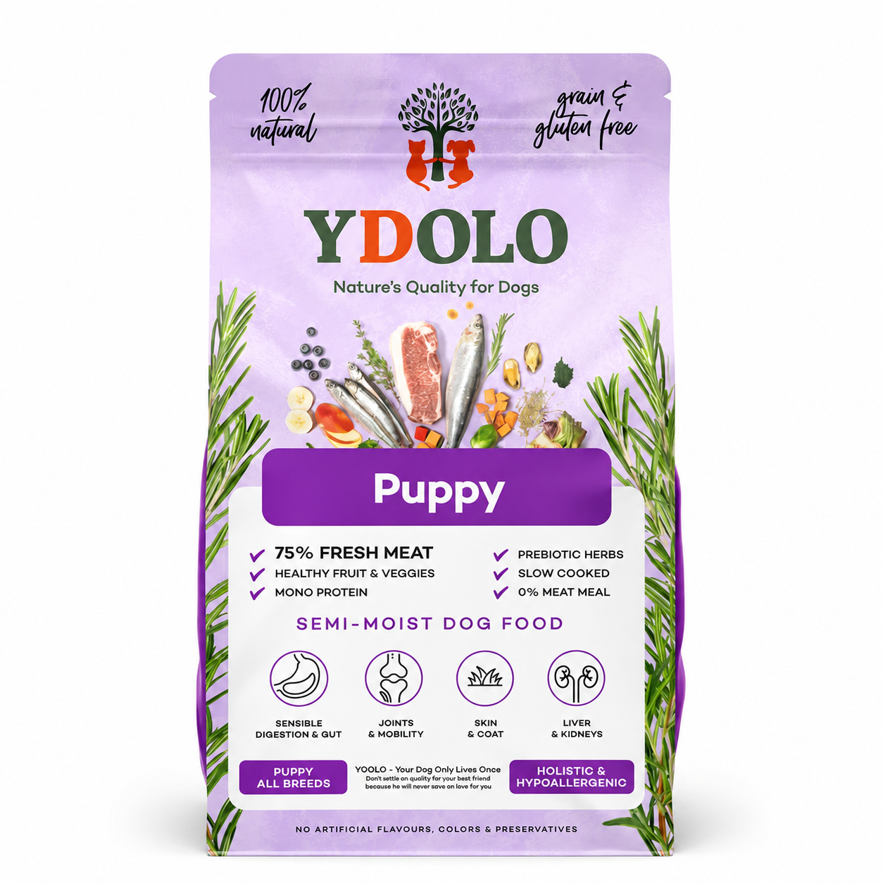 YDOLO Puppy Semi-Moist Hundefutter für Welpen in lilafarbener Verpackung vor weißem Hintergrund mit natürlichem Schatten. Halbfeuchtes, getreide- und glutenfreies Hundefutter mit 75 % Frischfleisch, Monoprotein und präbiotischen Kräutern – geeignet für Welpen aller Rassen.