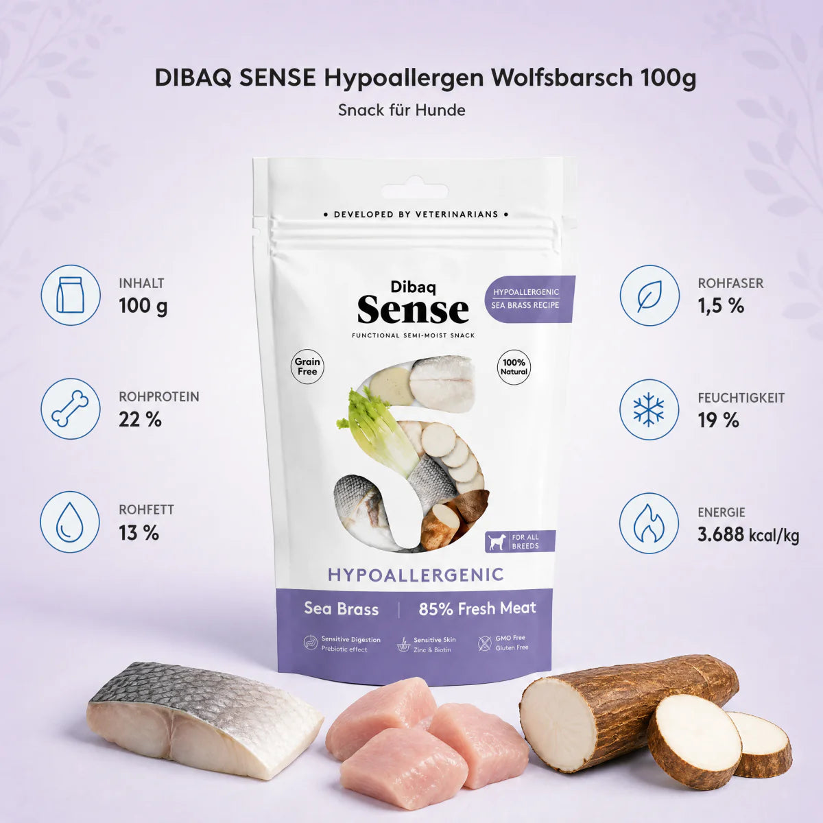 DIBAQ SENSE Hypoallergen Wolfsbarsch 100g - Nährwerte und Produktfakten auf einen Blick