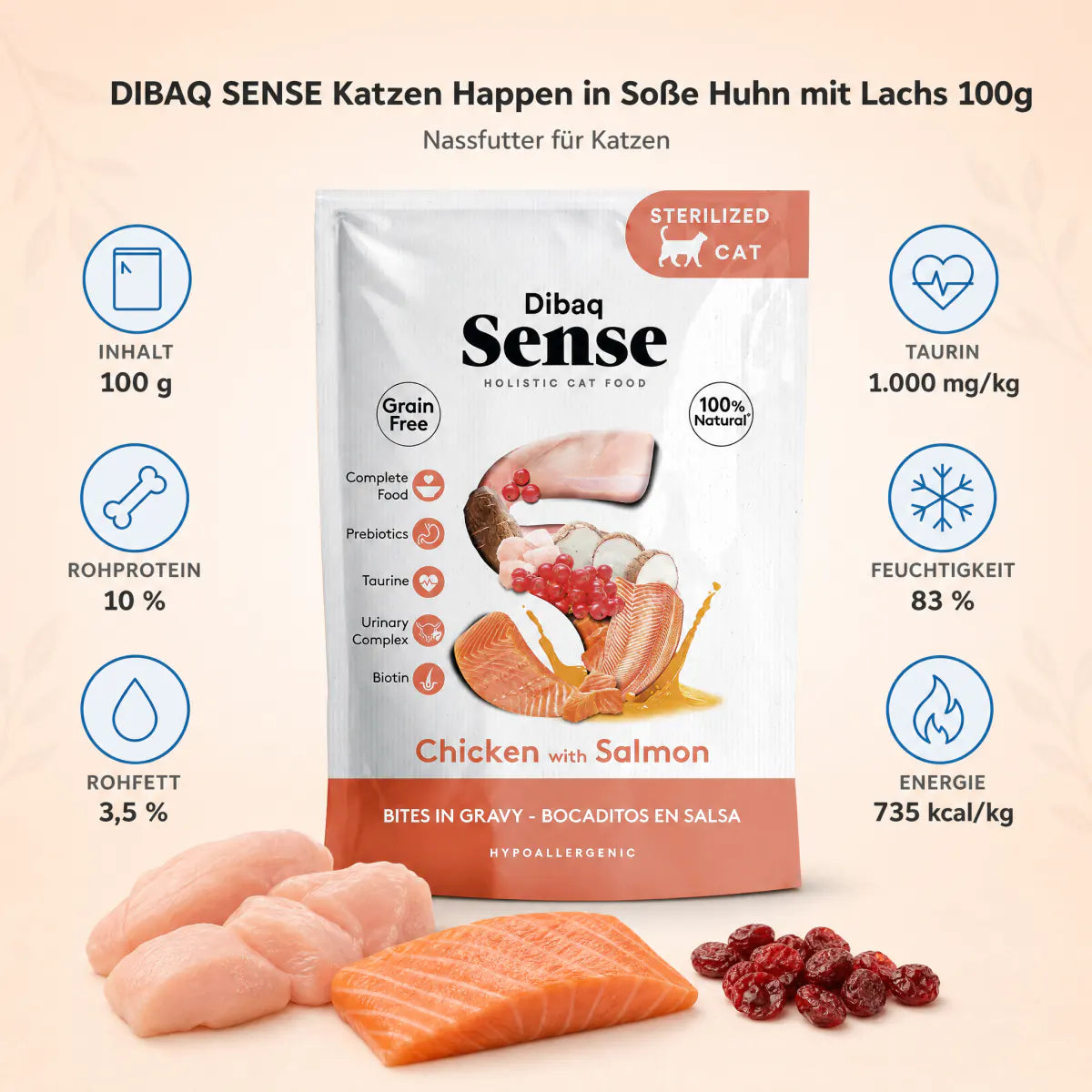 DIBAQ SENSE Katzen Happen in Soße Huhn mit Lachs 100g - Nährwerte und Produktfakten auf einen Blick