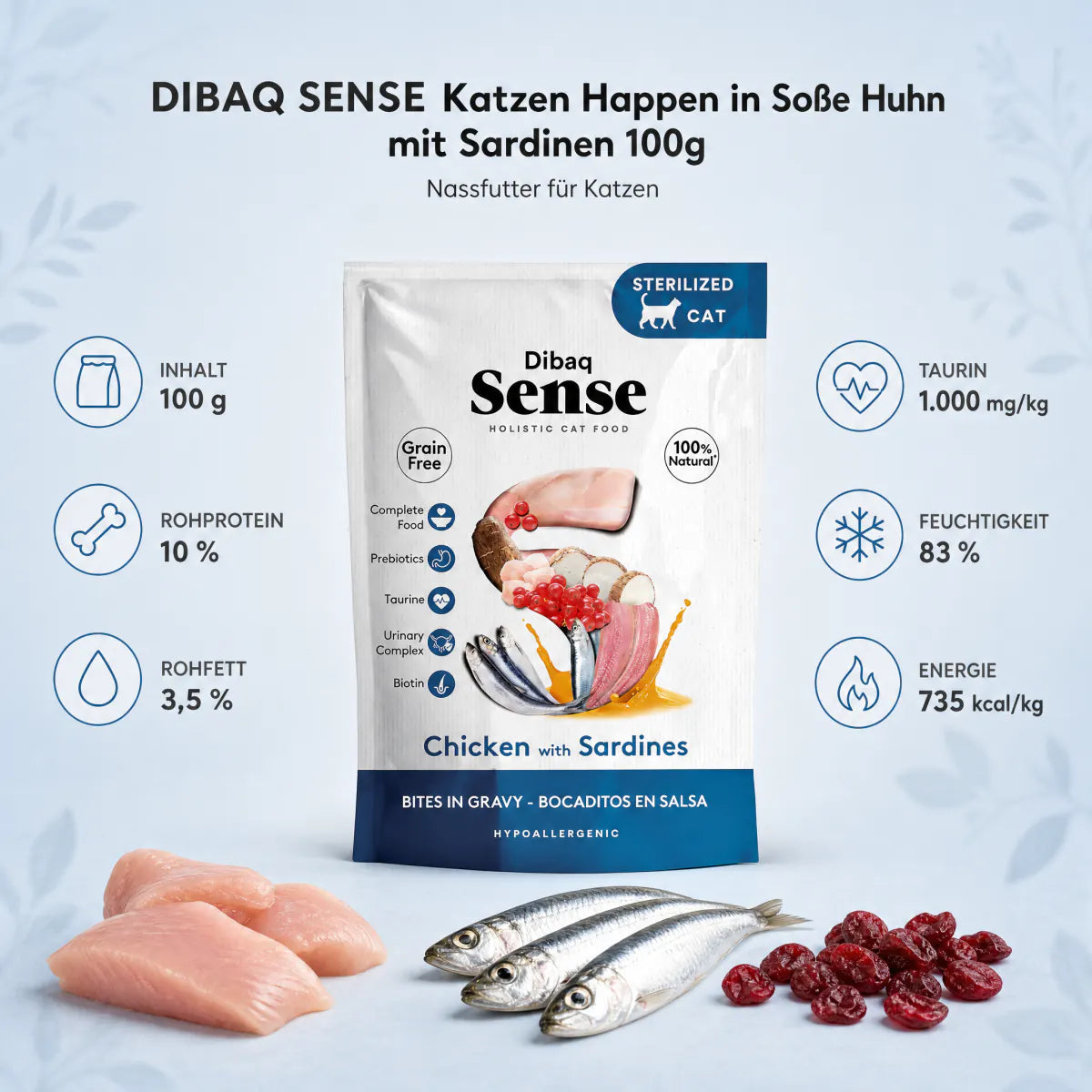 DIBAQ SENSE Katzen Happen in Soße Huhn mit Sardinen 100g - Nährwerte und Produktfakten auf einen Blick