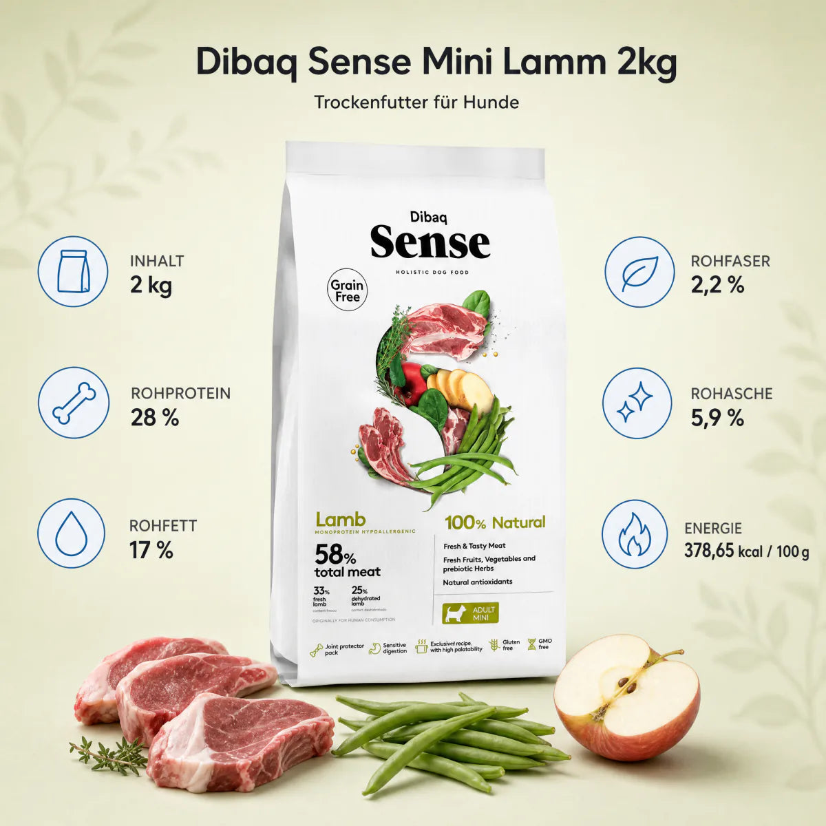 Dibaq Sense Mini Lamm 2kg - Nährwerte und Produktfakten auf einen Blick