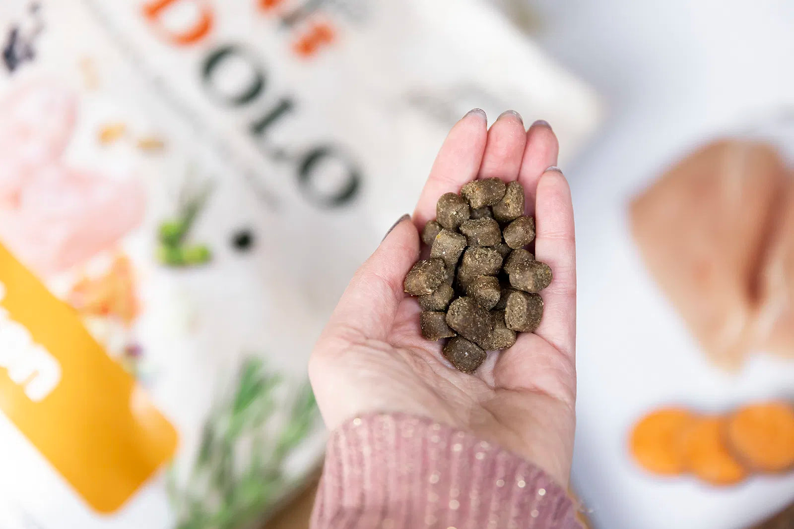 YDOLO Huhn Semi-Moist Hundefutter in gelben Verpackung im Vordergrund eine Hand mit den Kroketten. Halbfeuchtes, getreide- und glutenfreies Hundefutter mit 75 % Frischfleisch, Monoprotein und präbiotischen Kräutern – geeignet für Hunde jeder Rasse.