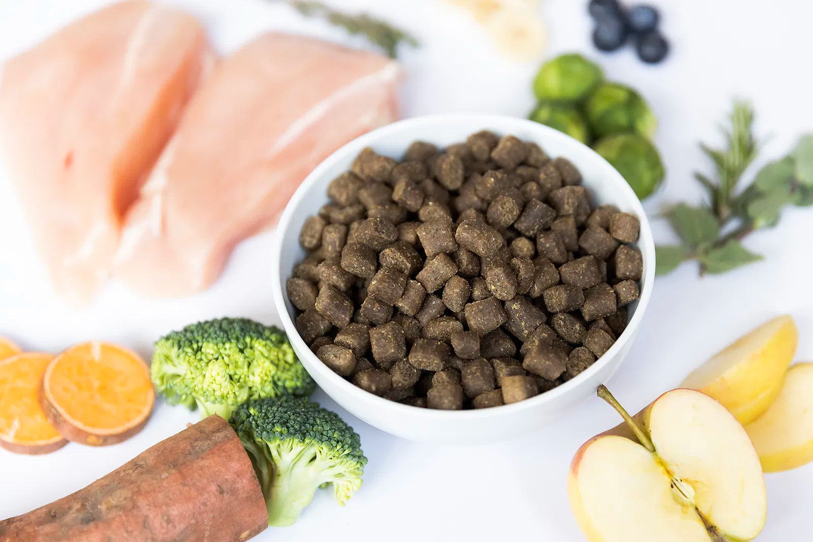 YDOLO Huhn Semi-Moist Hundefutter im Napf mit Lebensmittel im Hintergrund die im Hundefutter zu finden sind. Halbfeuchtes, getreide- und glutenfreies Hundefutter mit 75 % Frischfleisch, Monoprotein und präbiotischen Kräutern – geeignet für Hunde jeder Rasse.