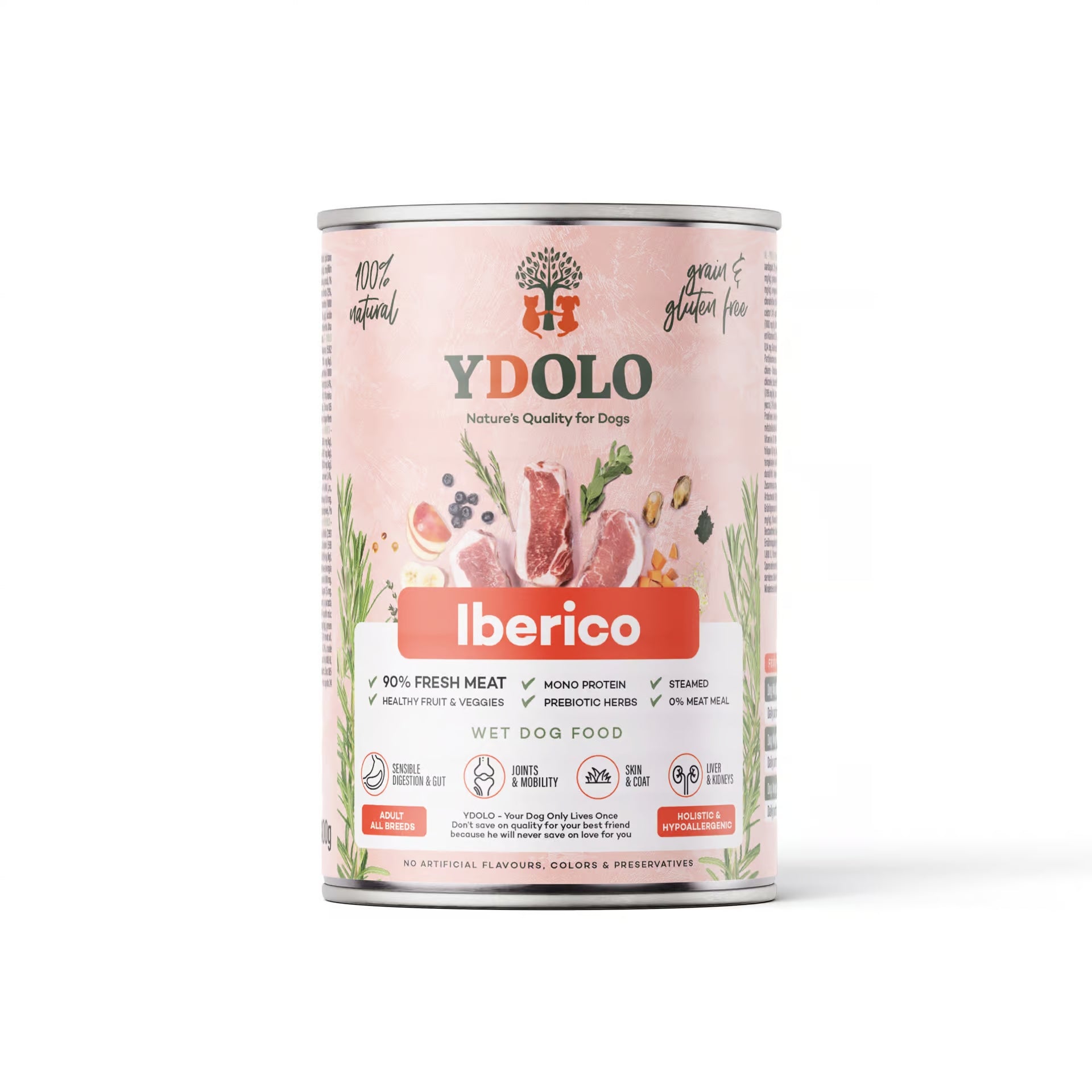 YDOLO Iberico Nassfutter für Hunde in roter Dose vor weißem Hintergrund. Halbfeuchtes, getreide- und glutenfreies Hundefutter mit 90 % Frischfleisch, Monoprotein und präbiotischen Kräutern – geeignet für Hunde jeder Rasse.