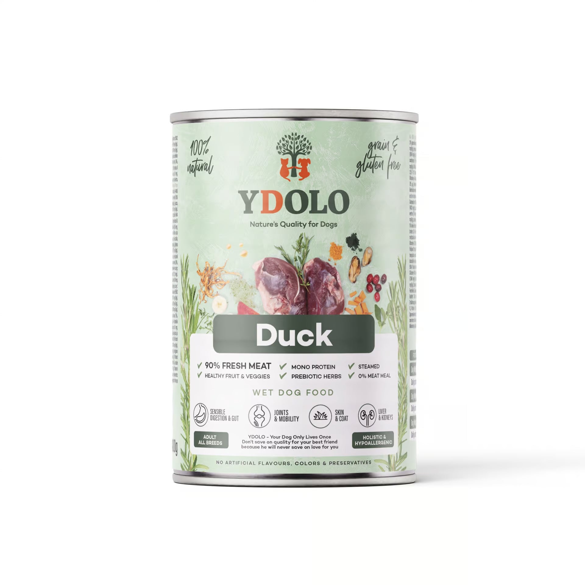 YDOLO Ente Nassfutter für Hunde in grüner Dose vor weißem Hintergrund. Halbfeuchtes, getreide- und glutenfreies Hundefutter mit 90 % Frischfleisch, Monoprotein und präbiotischen Kräutern – geeignet für Hunde jeder Rasse.