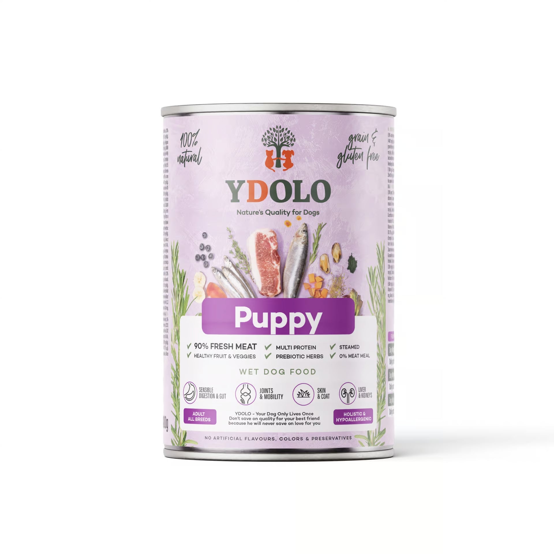 YDOLO Puppy Nassfutter Dose in lilafarbender Dose vor weißem Hintergrund. Halbfeuchtes, getreide- und glutenfreies Hundefutter mit 90 % Frischfleisch, Monoprotein und präbiotischen Kräutern – geeignet für Hunde jeder Rasse.