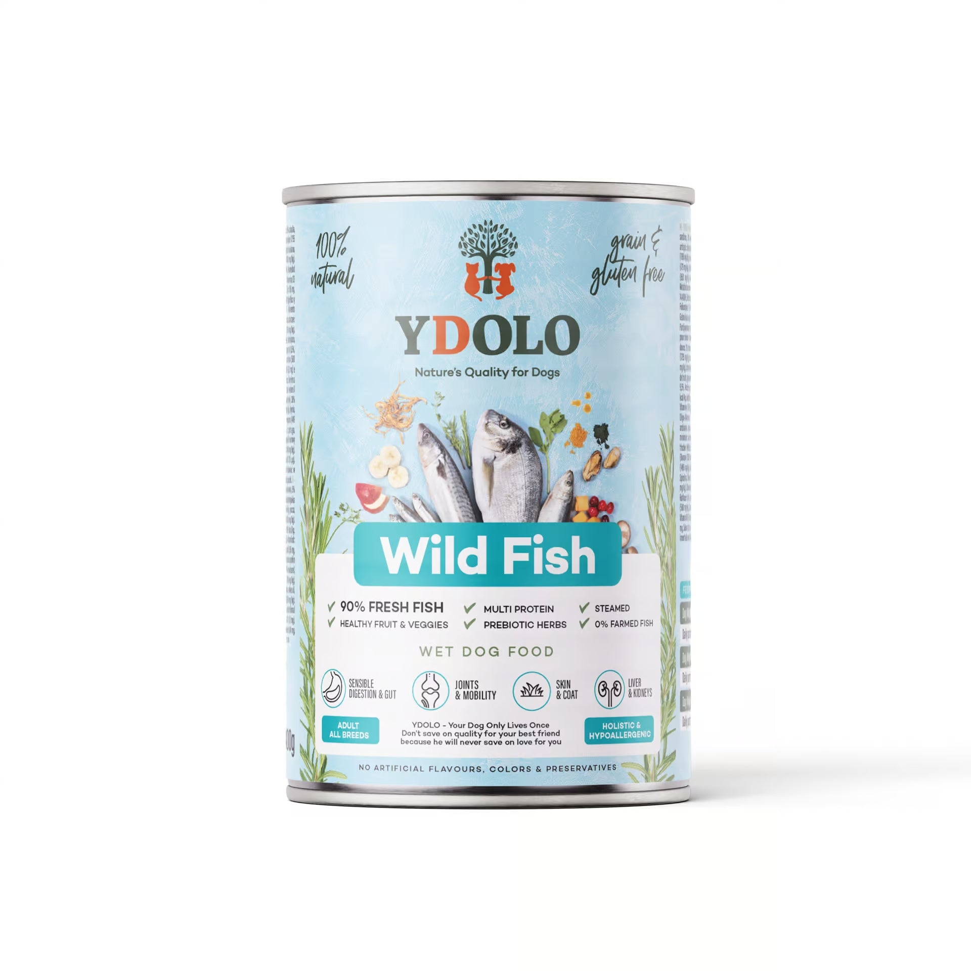 YDOLO Wildfisch Nassfutter für Hunde in blauer Dose vor weißem Hintergrund. Halbfeuchtes, getreide- und glutenfreies Hundefutter mit 90 % Frischfleisch, Monoprotein und präbiotischen Kräutern – geeignet für Hunde jeder Rasse.