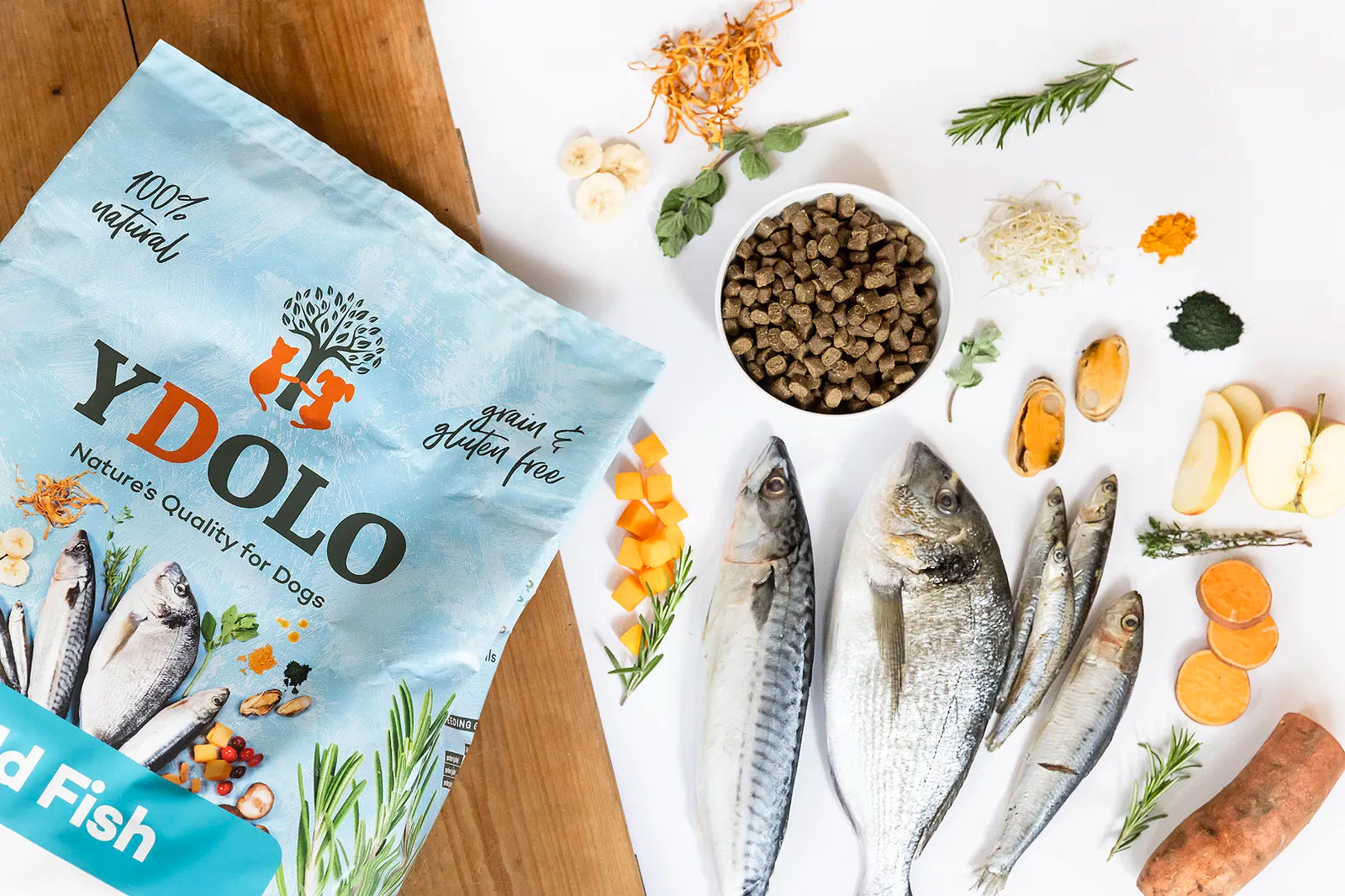 YDOLO Wildfisch Semi-Moist Hundefutter im blauen Beutel , daneben die frischen Zutaten und ein Napf mit den Kroketten.Halbfeuchtes, getreide- und glutenfreies Hundefutter mit 75 % Frischfleisch, Monoprotein und präbiotischen Kräutern – geeignet für Hunde jeder Rasse.